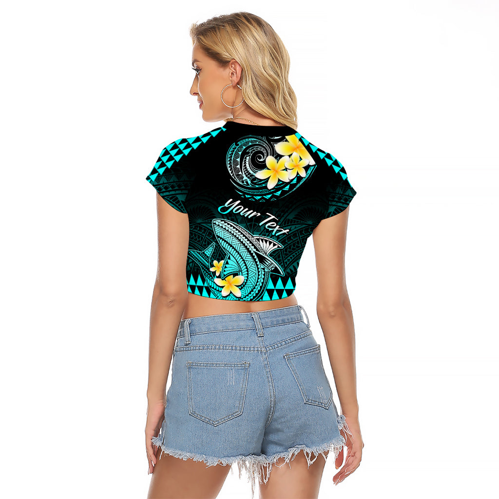Personalised Hawaii Raglan Cropped T Shirt Polynesian Shark with Kakau Turquoise Version LT01 - Polynesian Pride