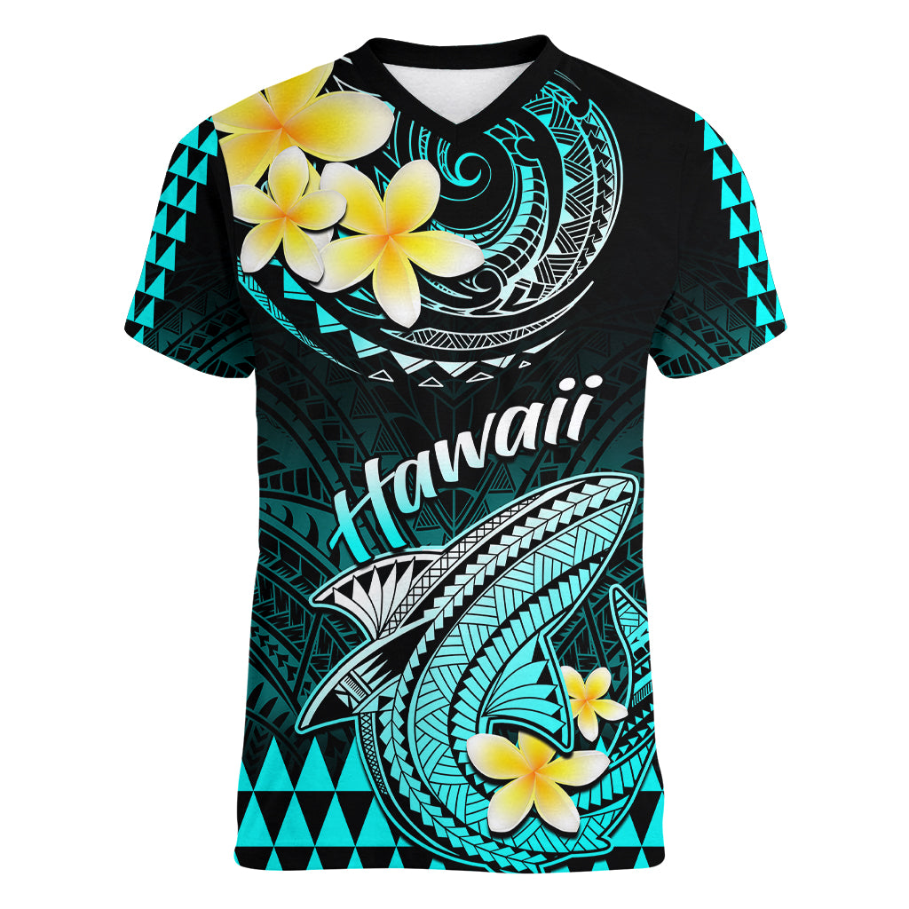 Personalised Hawaii Women V Neck T Shirt Polynesian Shark with Kakau Turquoise Version LT01 Female Turquoise - Polynesian Pride
