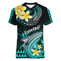 Personalised Hawaii Women V Neck T Shirt Polynesian Shark with Kakau Turquoise Version LT01 Female Turquoise - Polynesian Pride