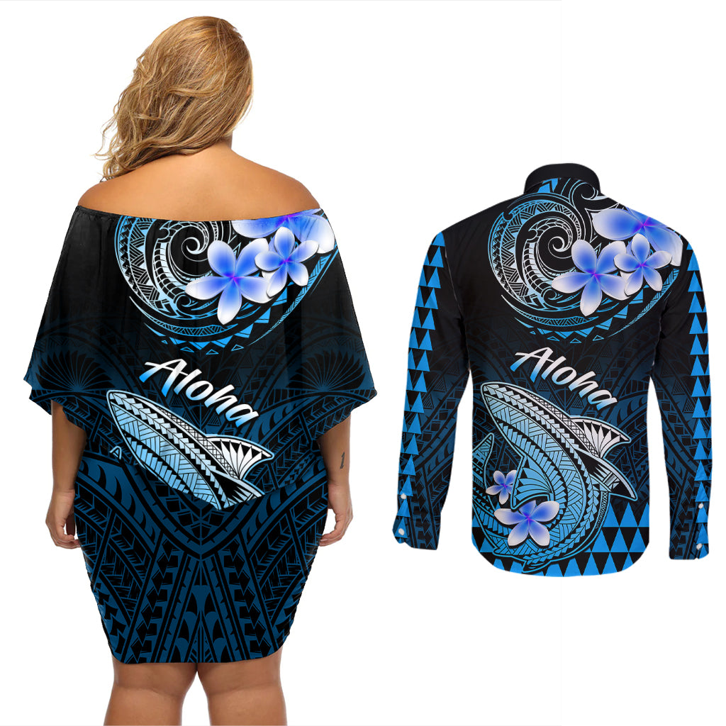 Hawaii Couples Matching Off Shoulder Short Dress and Long Sleeve Button Shirts Polynesian Shark with Kakau Blue Version LT01 - Polynesian Pride