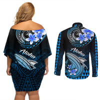 Hawaii Couples Matching Off Shoulder Short Dress and Long Sleeve Button Shirts Polynesian Shark with Kakau Blue Version LT01 - Polynesian Pride