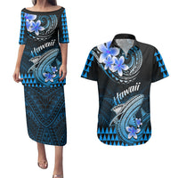 Hawaii Couples Matching Puletasi Dress and Hawaiian Shirt Polynesian Shark with Kakau Blue Version LT01 Blue - Polynesian Pride