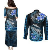 Hawaii Couples Matching Puletasi Dress and Long Sleeve Button Shirts Polynesian Shark with Kakau Blue Version LT01 - Polynesian Pride