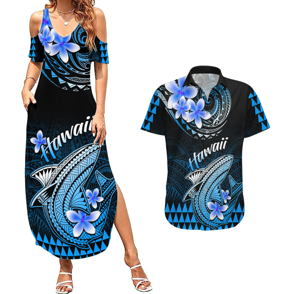 Hawaii Couples Matching Summer Maxi Dress and Hawaiian Shirt Polynesian Shark with Kakau Blue Version LT01 Blue - Polynesian Pride