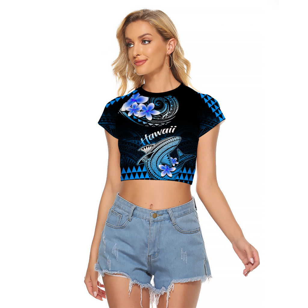 Hawaii Raglan Cropped T Shirt Polynesian Shark with Kakau Blue Version LT01 Female Blue - Polynesian Pride