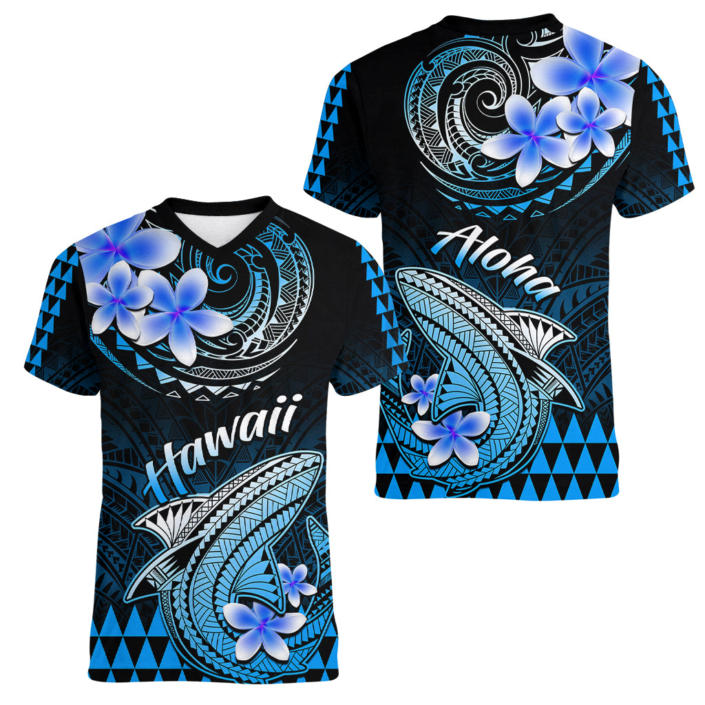 Hawaii Women V Neck T Shirt Polynesian Shark with Kakau Blue Version LT01 - Polynesian Pride
