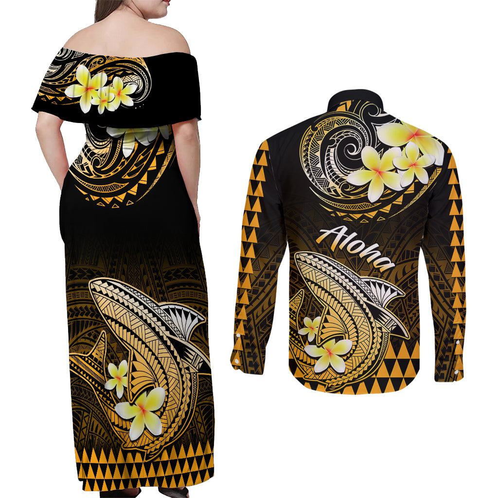 Hawaii Couples Matching Off Shoulder Maxi Dress and Long Sleeve Button Shirts Polynesian Shark with Kakau Gold Version LT01 - Polynesian Pride