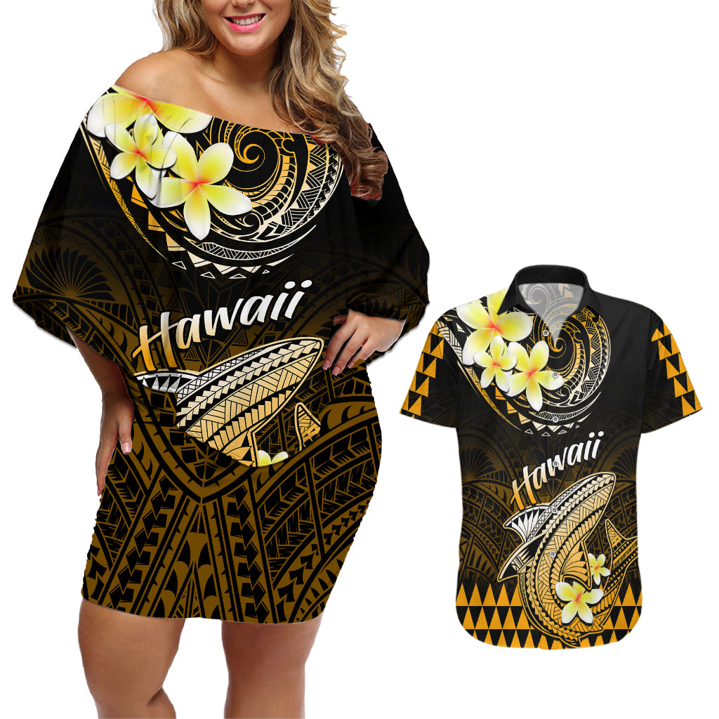 Hawaii Couples Matching Off Shoulder Short Dress and Hawaiian Shirt Polynesian Shark with Kakau Gold Version LT01 Gold - Polynesian Pride
