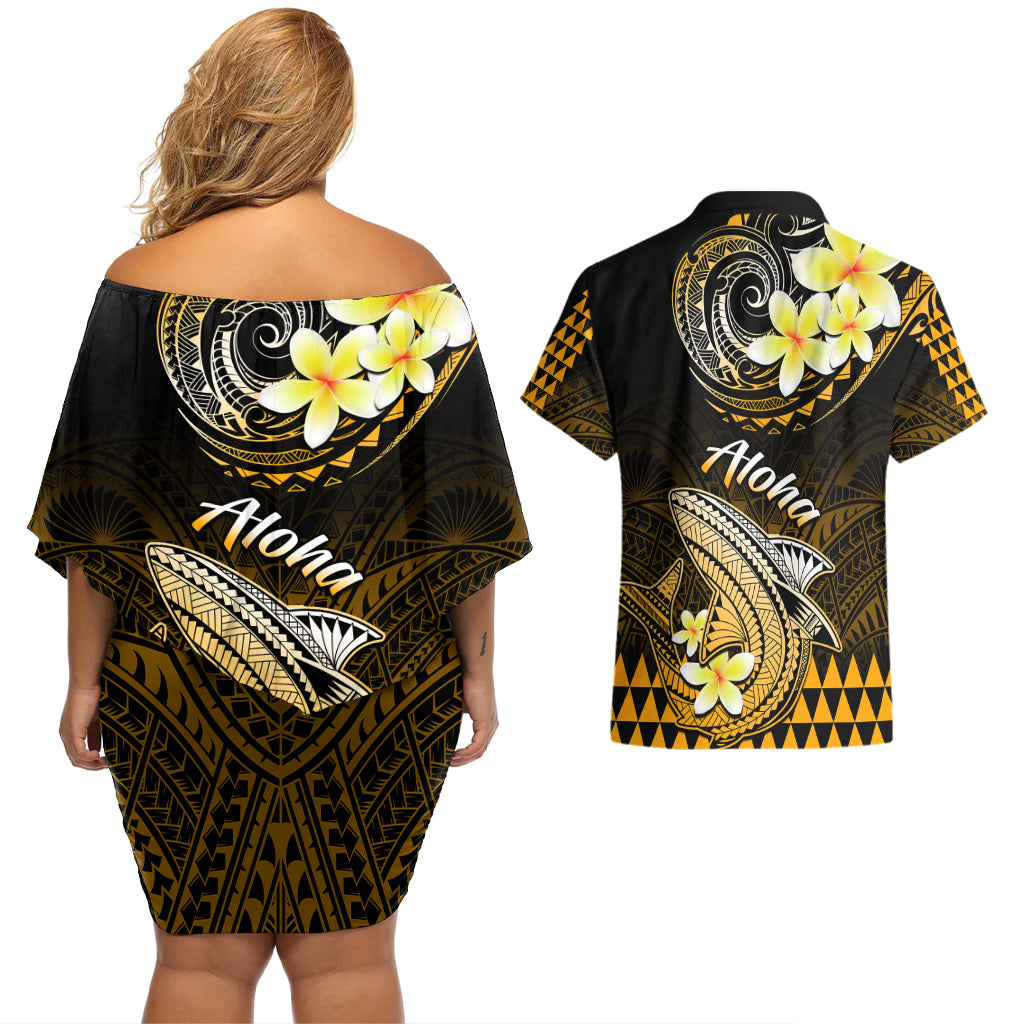 Hawaii Couples Matching Off Shoulder Short Dress and Hawaiian Shirt Polynesian Shark with Kakau Gold Version LT01 - Polynesian Pride