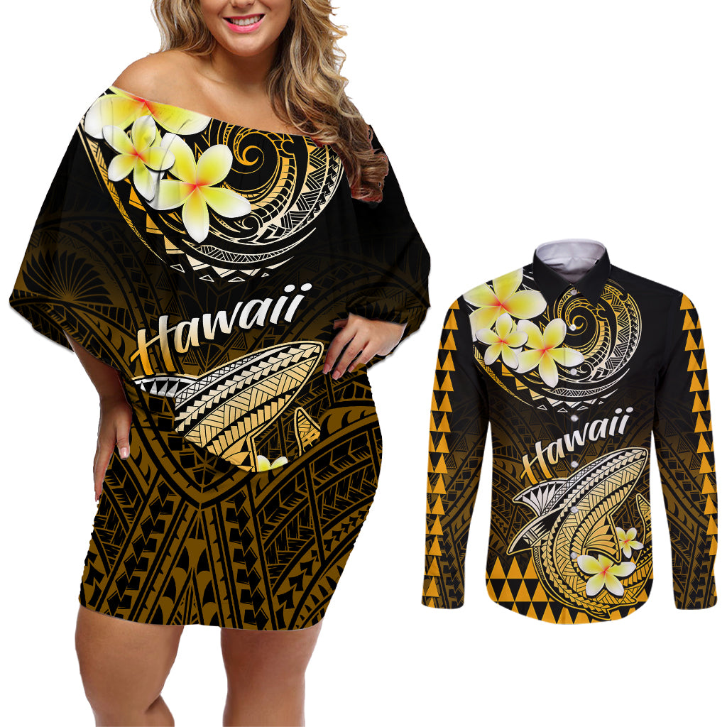 Hawaii Couples Matching Off Shoulder Short Dress and Long Sleeve Button Shirts Polynesian Shark with Kakau Gold Version LT01 Gold - Polynesian Pride