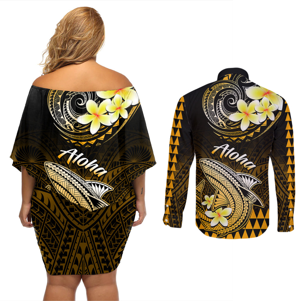 Hawaii Couples Matching Off Shoulder Short Dress and Long Sleeve Button Shirts Polynesian Shark with Kakau Gold Version LT01 - Polynesian Pride