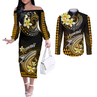 Hawaii Couples Matching Off The Shoulder Long Sleeve Dress and Long Sleeve Button Shirts Polynesian Shark with Kakau Gold Version LT01 Gold - Polynesian Pride