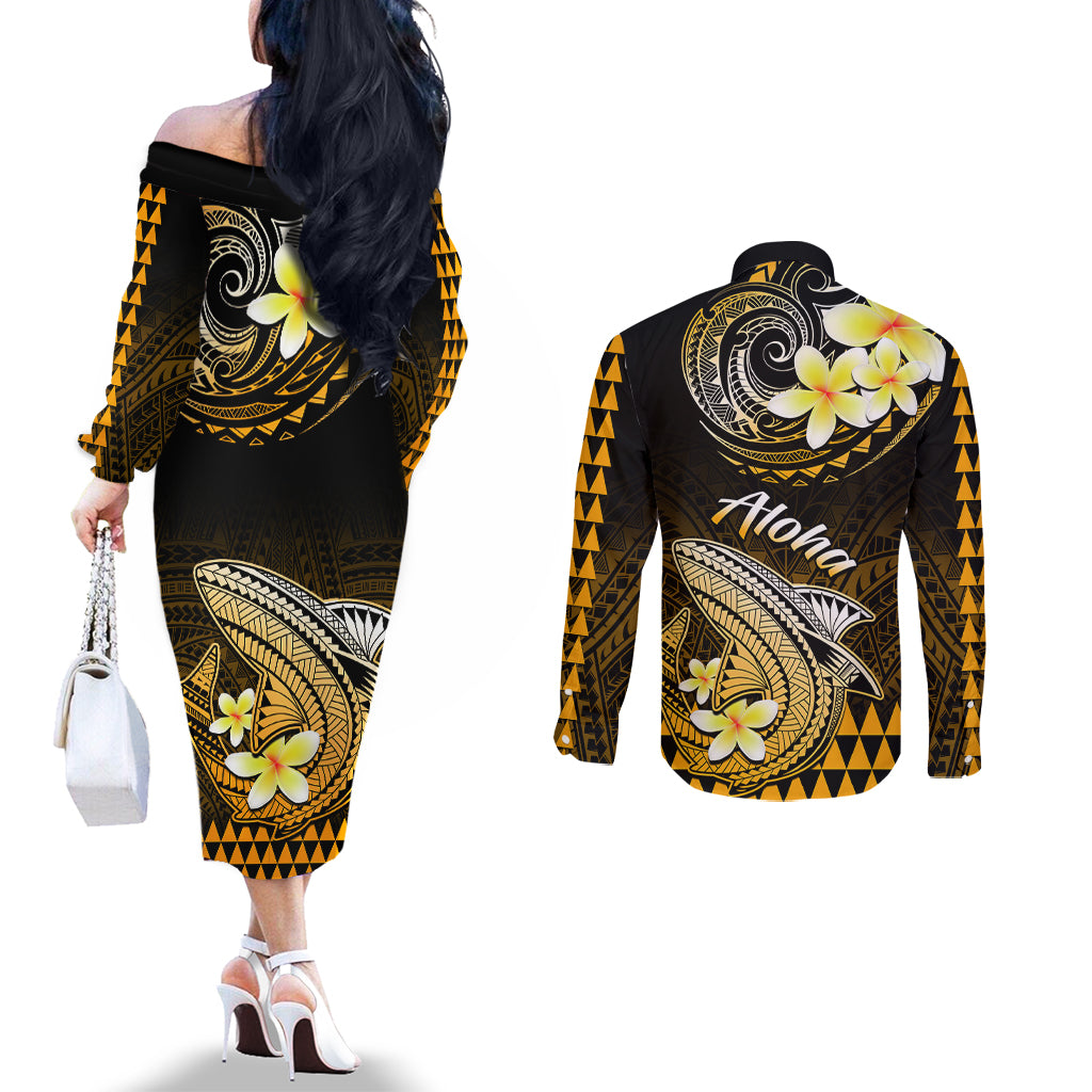 Hawaii Couples Matching Off The Shoulder Long Sleeve Dress and Long Sleeve Button Shirts Polynesian Shark with Kakau Gold Version LT01 - Polynesian Pride