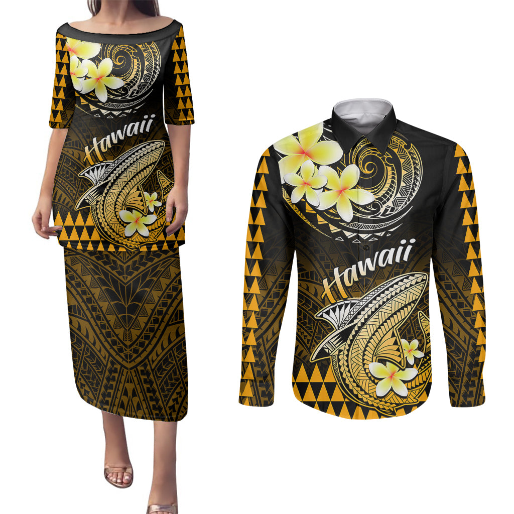 Hawaii Couples Matching Puletasi Dress and Long Sleeve Button Shirts Polynesian Shark with Kakau Gold Version LT01 Gold - Polynesian Pride