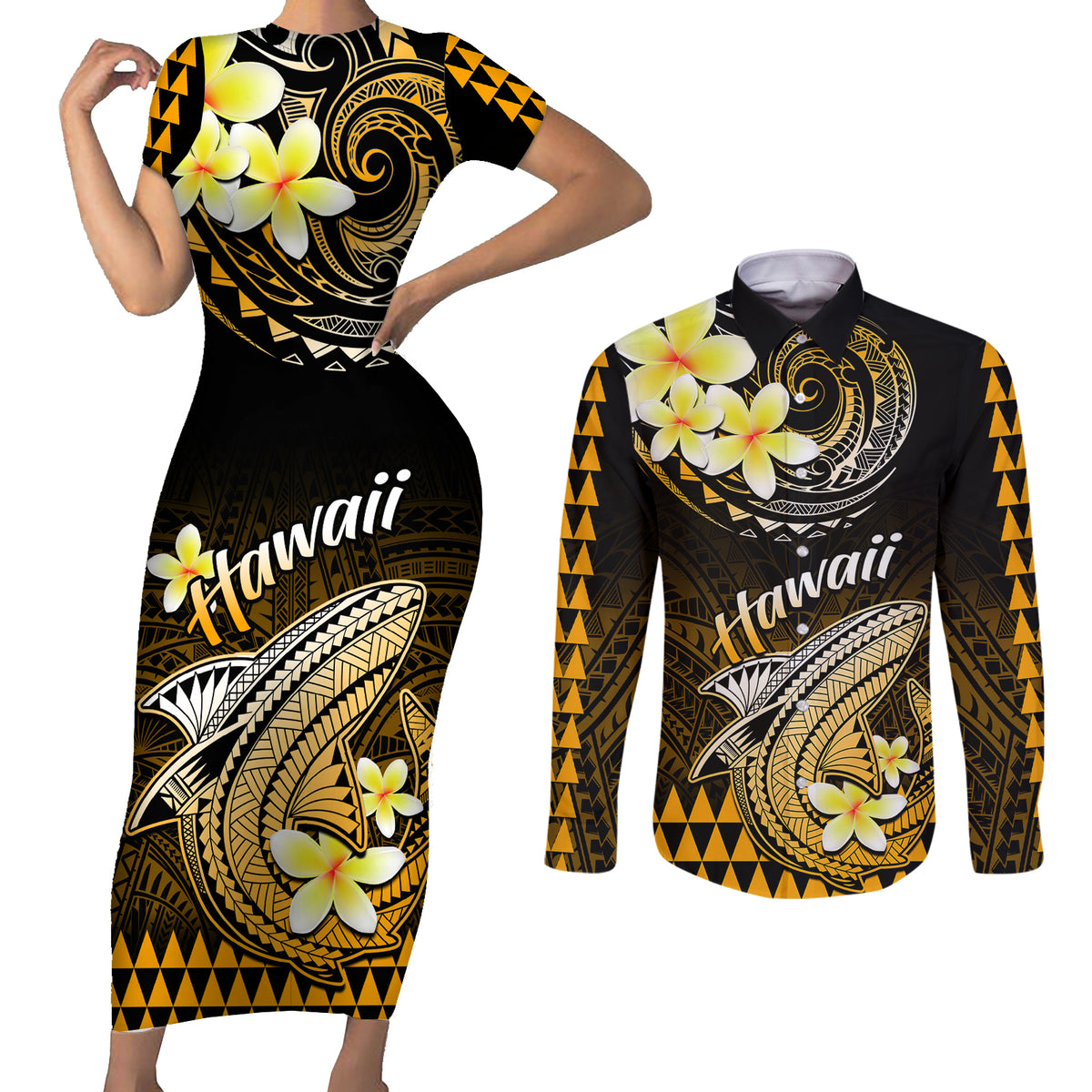 Hawaii Couples Matching Short Sleeve Bodycon Dress and Long Sleeve Button Shirts Polynesian Shark with Kakau Gold Version LT01 Gold - Polynesian Pride
