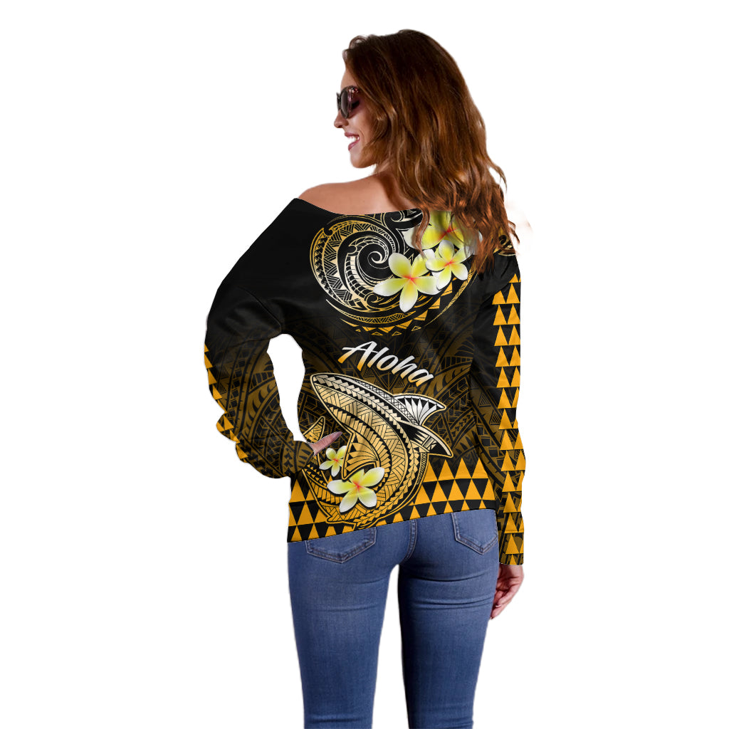 Hawaii Off Shoulder Sweater Polynesian Shark with Kakau Gold Version LT01 - Polynesian Pride