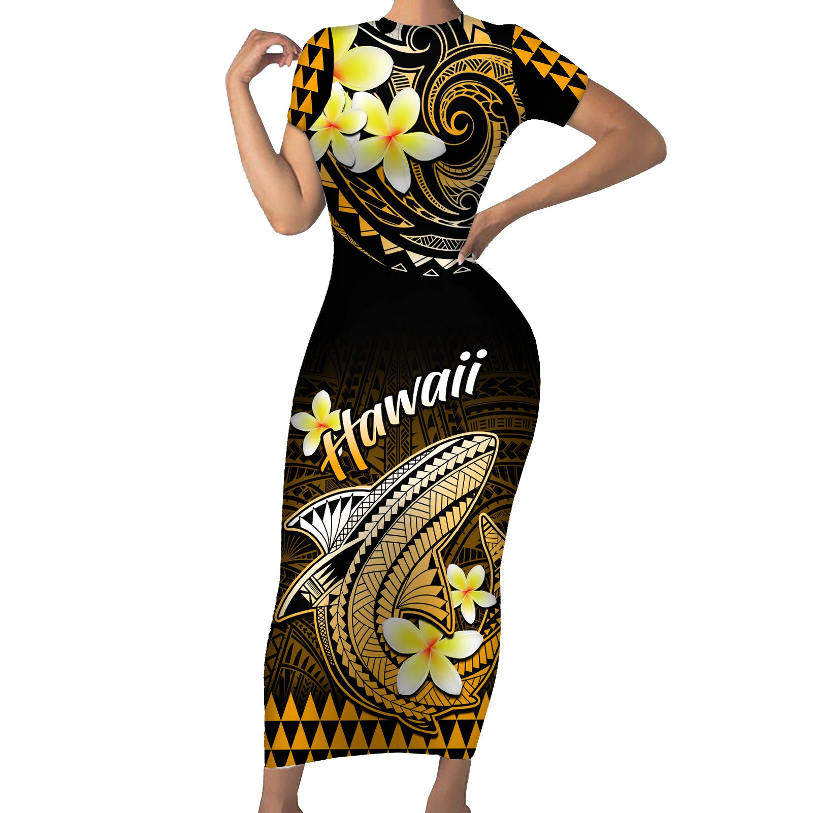 Hawaii Short Sleeve Bodycon Dress Polynesian Shark with Kakau Gold Version LT01 Long Dress Gold - Polynesian Pride