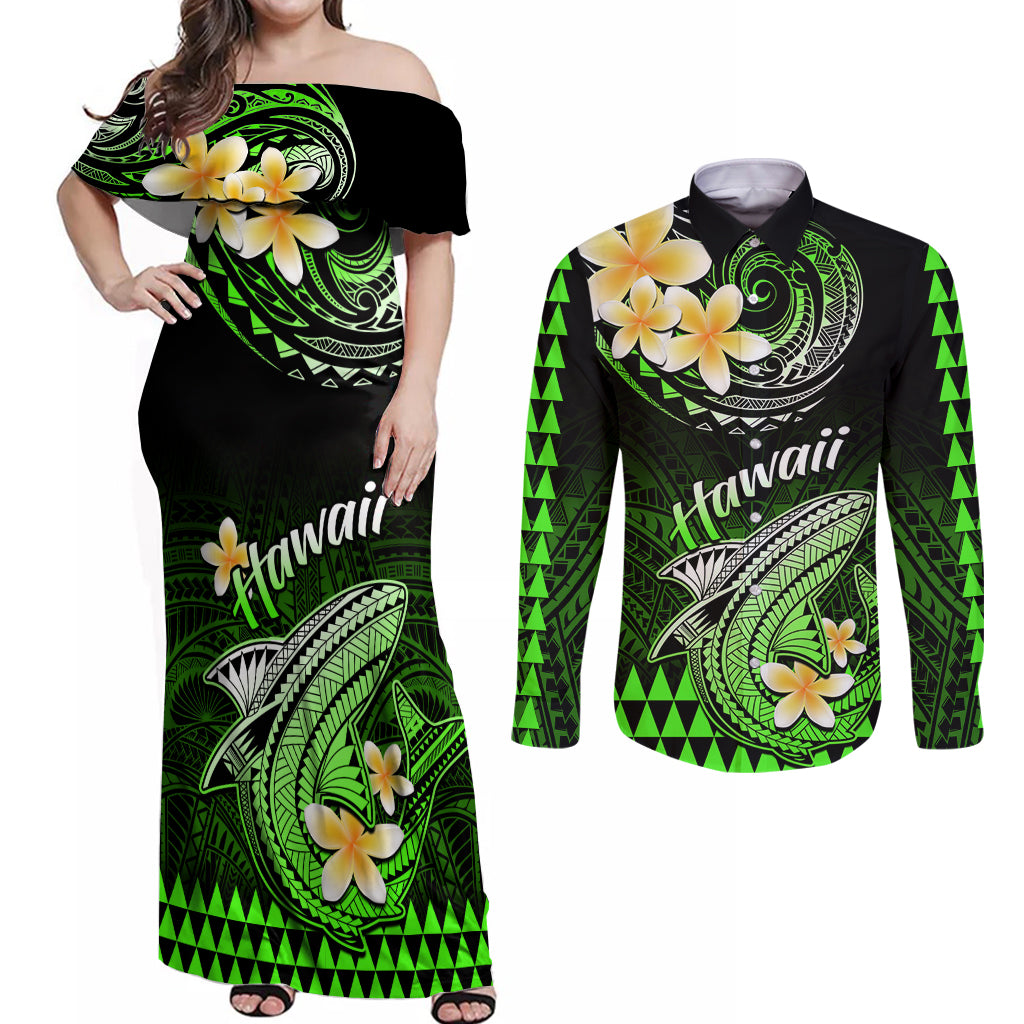 Hawaii Couples Matching Off Shoulder Maxi Dress and Long Sleeve Button Shirts Polynesian Shark with Kakau Green Version LT01 Green - Polynesian Pride