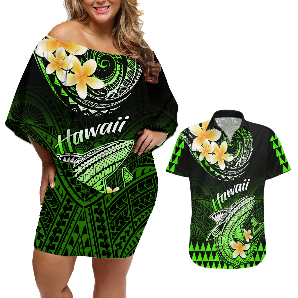 Hawaii Couples Matching Off Shoulder Short Dress and Hawaiian Shirt Polynesian Shark with Kakau Green Version LT01 Green - Polynesian Pride