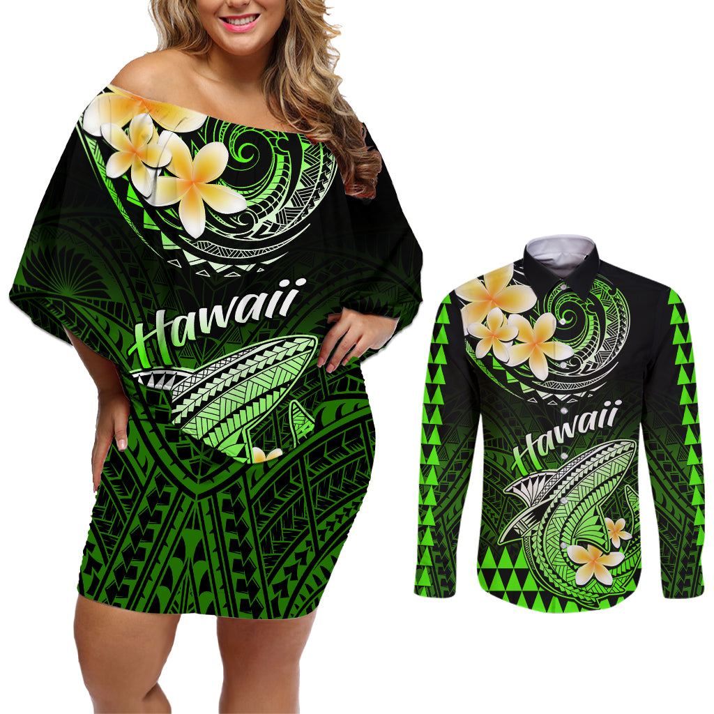 Hawaii Couples Matching Off Shoulder Short Dress and Long Sleeve Button Shirts Polynesian Shark with Kakau Green Version LT01 Green - Polynesian Pride