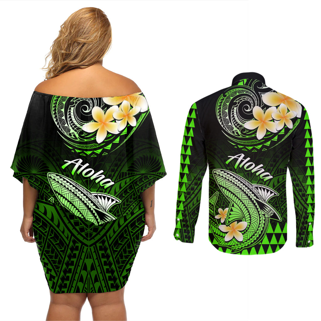 Hawaii Couples Matching Off Shoulder Short Dress and Long Sleeve Button Shirts Polynesian Shark with Kakau Green Version LT01 - Polynesian Pride