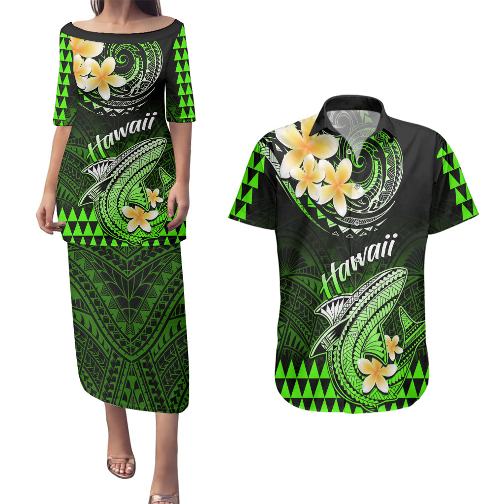 Hawaii Couples Matching Puletasi Dress and Hawaiian Shirt Polynesian Shark with Kakau Green Version LT01 Green - Polynesian Pride