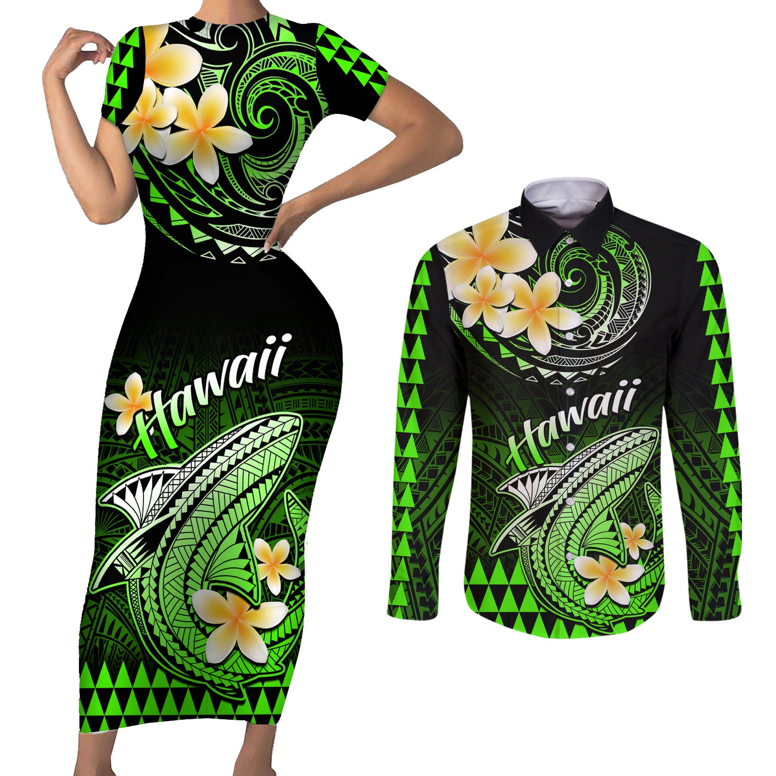 Hawaii Couples Matching Short Sleeve Bodycon Dress and Long Sleeve Button Shirts Polynesian Shark with Kakau Green Version LT01 Green - Polynesian Pride