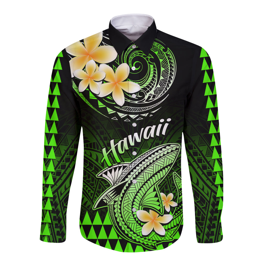 Hawaii Long Sleeve Button Shirt Polynesian Shark with Kakau Green Version LT01 Unisex Green - Polynesian Pride