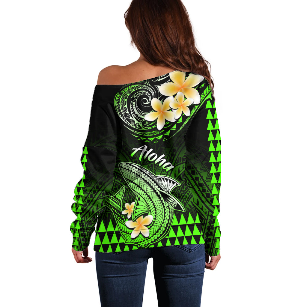 Hawaii Off Shoulder Sweater Polynesian Shark with Kakau Green Version LT01 - Polynesian Pride