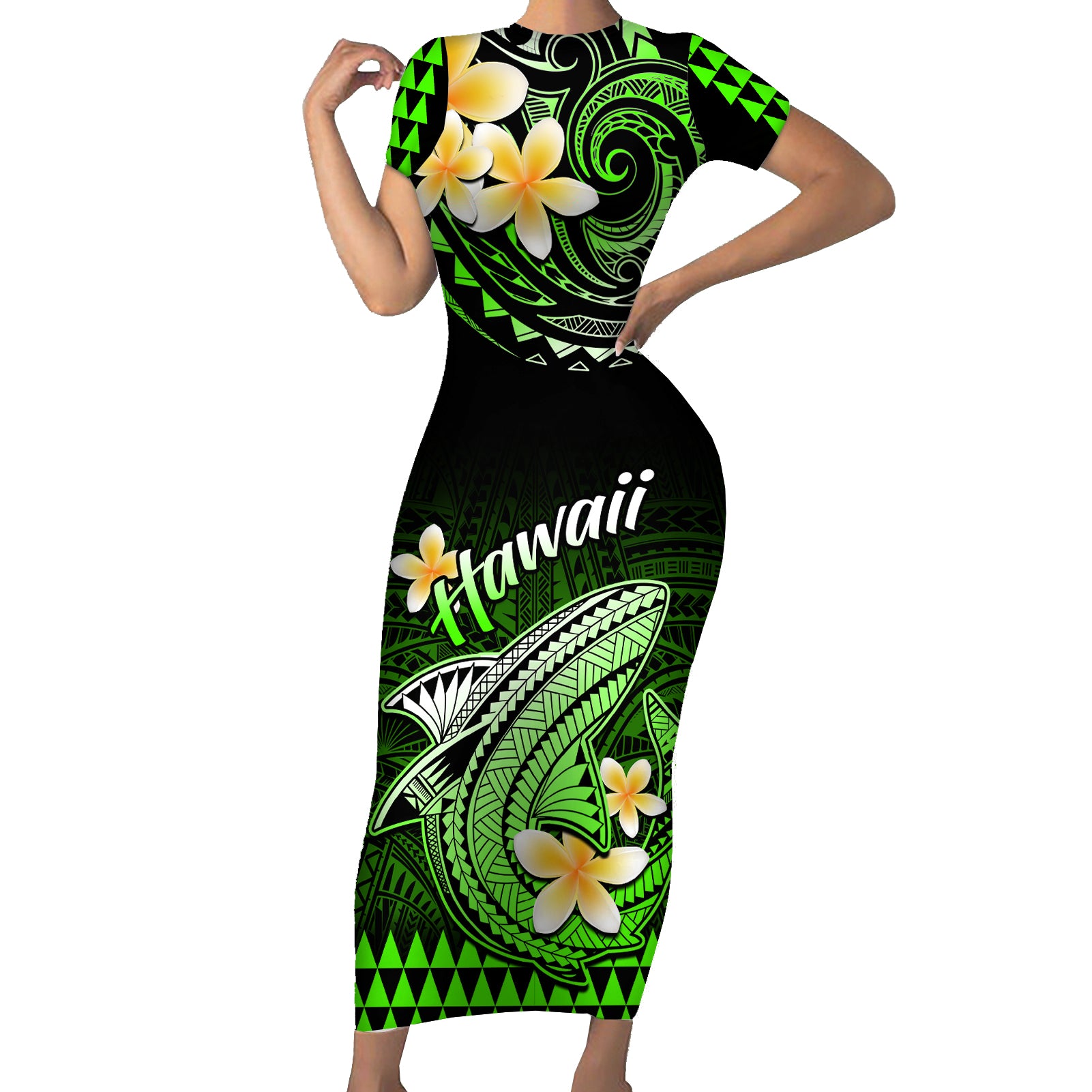 Hawaii Short Sleeve Bodycon Dress Polynesian Shark with Kakau Green Version LT01 Long Dress Green - Polynesian Pride
