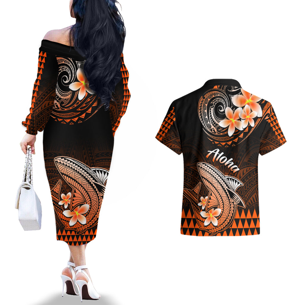 Hawaii Couples Matching Off The Shoulder Long Sleeve Dress and Hawaiian Shirt Polynesian Shark with Kakau Orange Version LT01 - Polynesian Pride