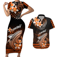 Hawaii Couples Matching Short Sleeve Bodycon Dress and Hawaiian Shirt Polynesian Shark with Kakau Orange Version LT01 Orange - Polynesian Pride