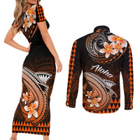 Hawaii Couples Matching Short Sleeve Bodycon Dress and Long Sleeve Button Shirts Polynesian Shark with Kakau Orange Version LT01 - Polynesian Pride