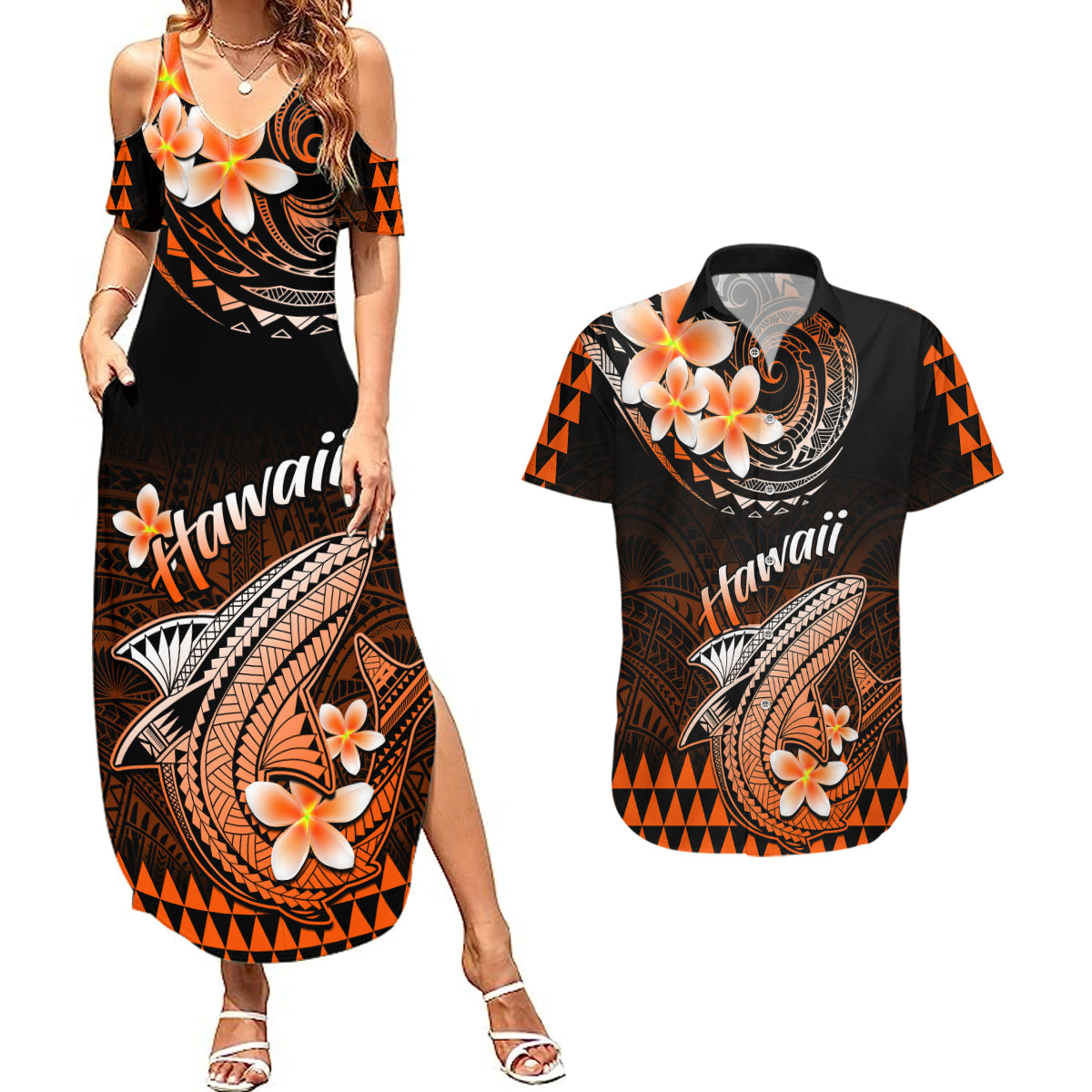 Hawaii Couples Matching Summer Maxi Dress and Hawaiian Shirt Polynesian Shark with Kakau Orange Version LT01 Orange - Polynesian Pride