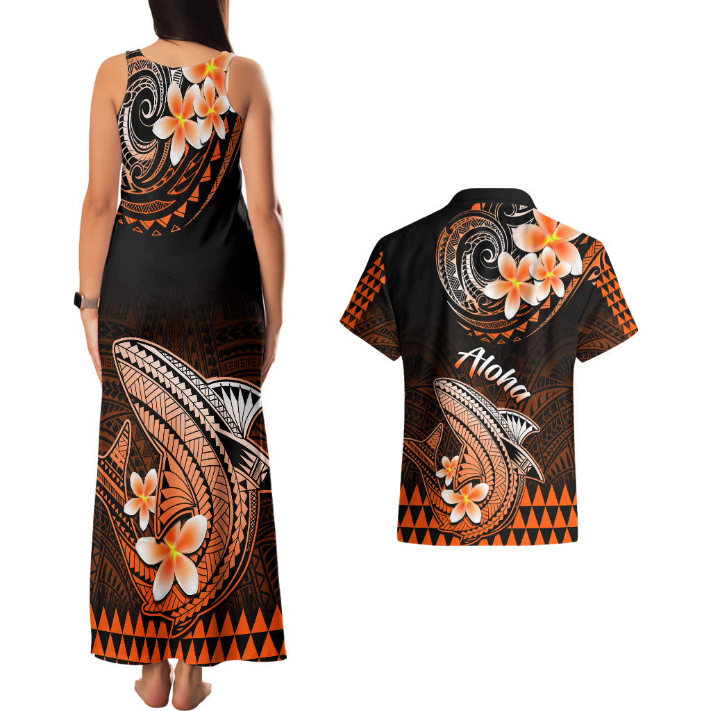 Hawaii Couples Matching Tank Maxi Dress and Hawaiian Shirt Polynesian Shark with Kakau Orange Version LT01 - Polynesian Pride