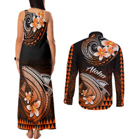 Hawaii Couples Matching Tank Maxi Dress and Long Sleeve Button Shirts Polynesian Shark with Kakau Orange Version LT01 - Polynesian Pride