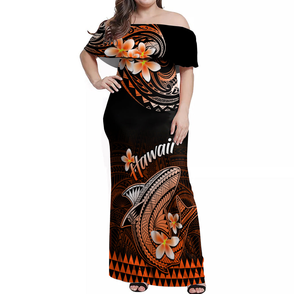 Hawaii Off Shoulder Maxi Dress Polynesian Shark with Kakau Orange Vers Hawaii Off Shoulder Maxi Dress Polynesian Shark with Kakau Orange Vers