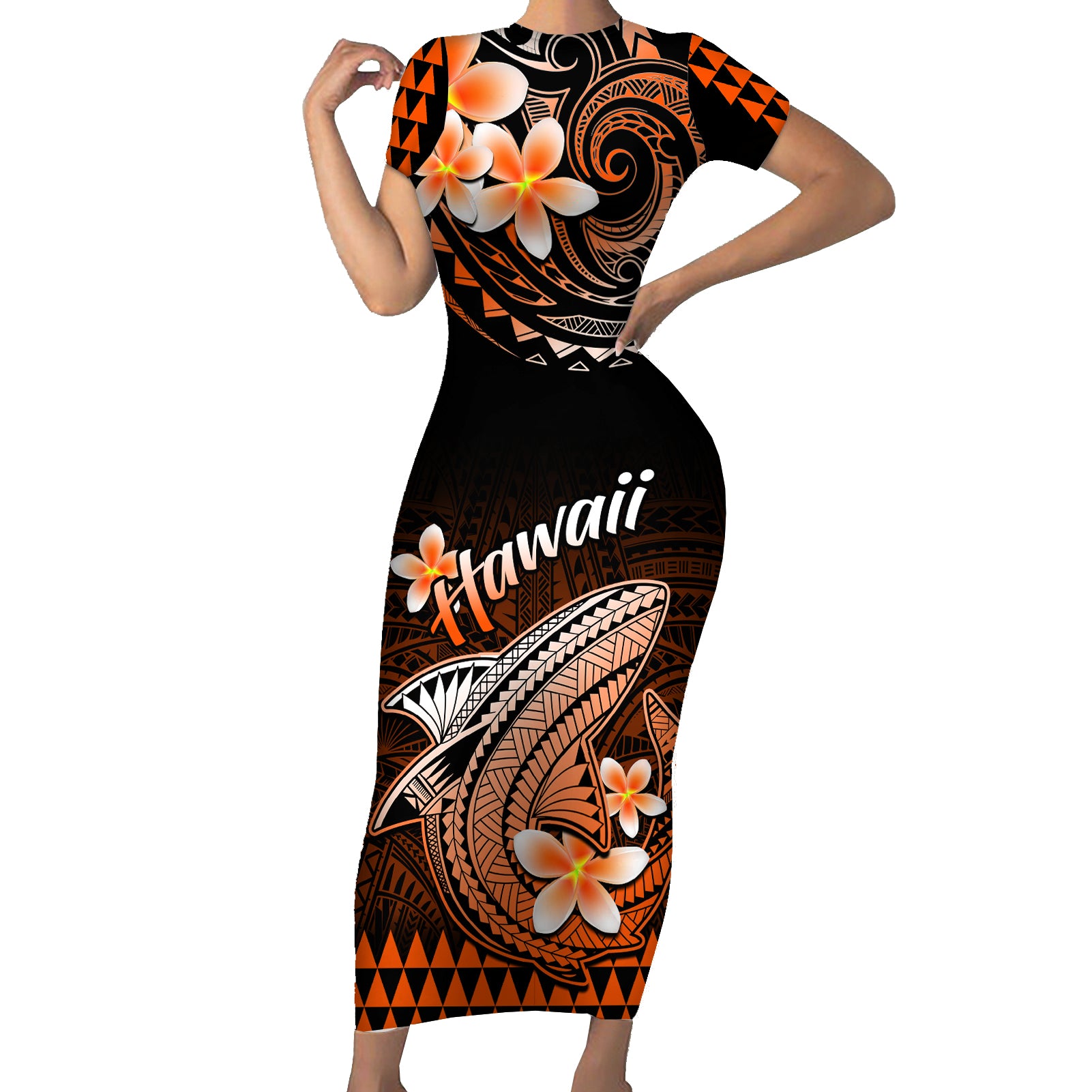 Hawaii Short Sleeve Bodycon Dress Polynesian Shark with Kakau Orange Version LT01 Long Dress Orange - Polynesian Pride