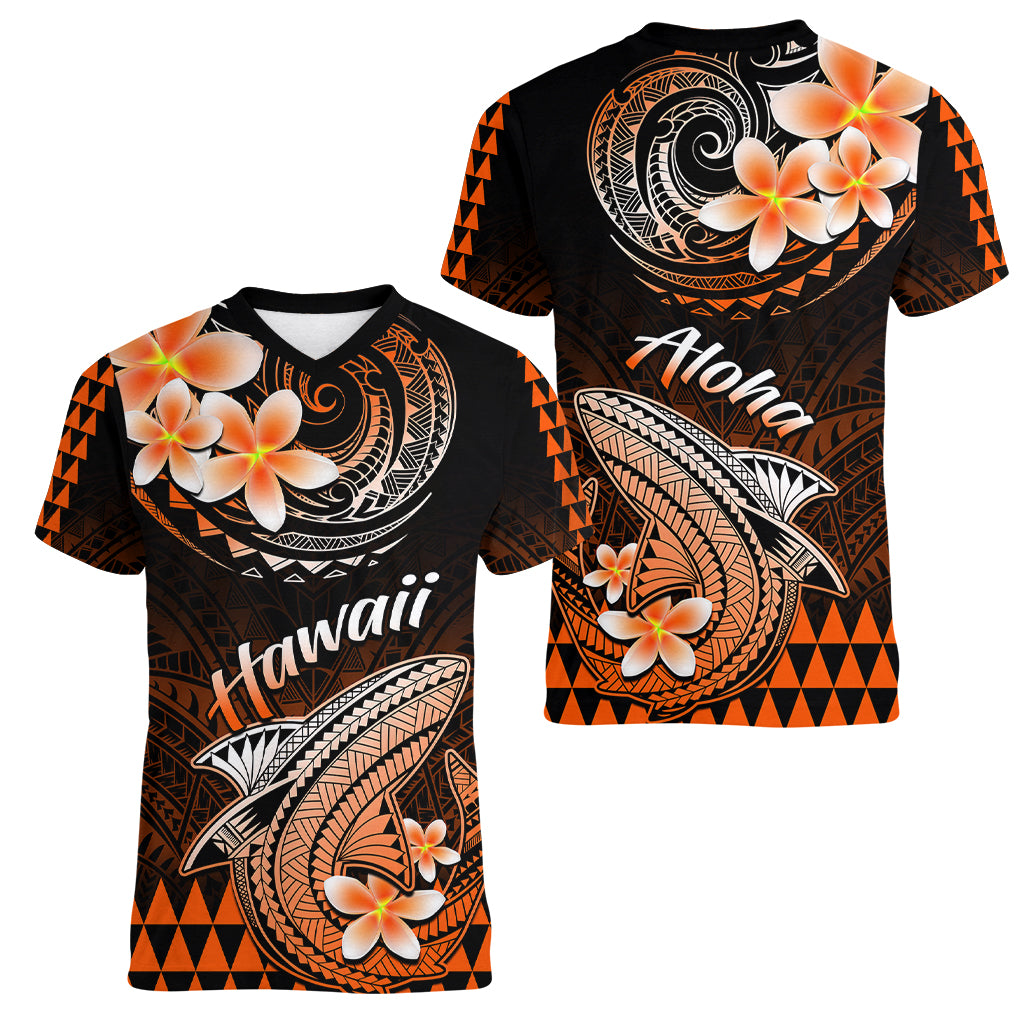 Hawaii Women V Neck T Shirt Polynesian Shark with Kakau Orange Version LT01 - Polynesian Pride