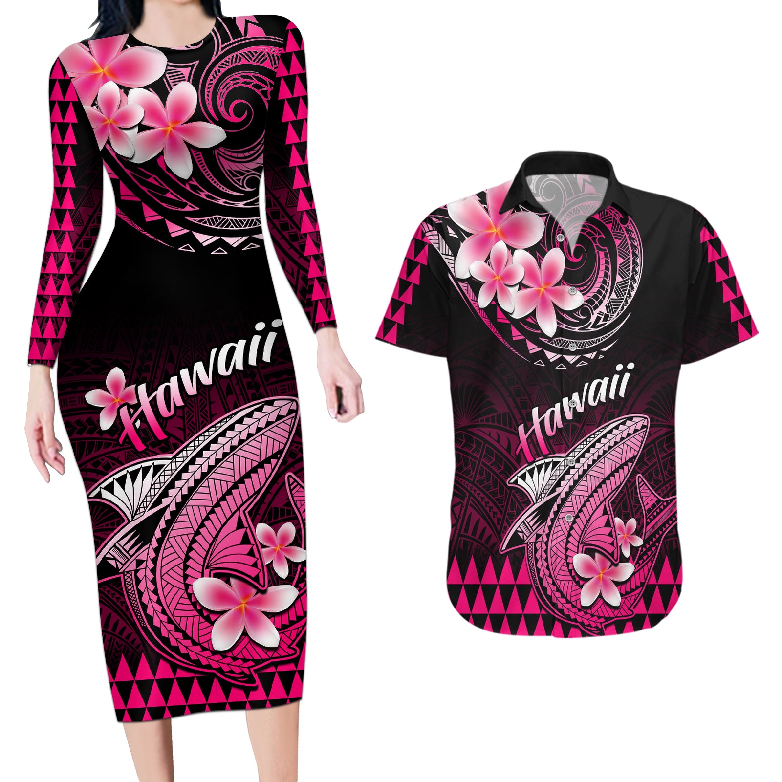 Hawaii Couples Matching Long Sleeve Bodycon Dress and Hawaiian Shirt Polynesian Shark with Kakau Pink Version LT01 Pink - Polynesian Pride