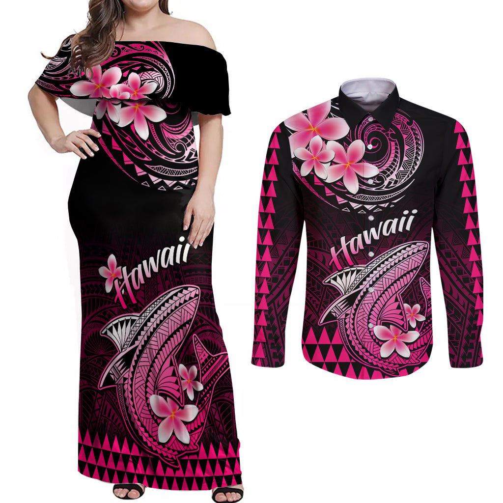 Hawaii Couples Matching Off Shoulder Maxi Dress and Long Sleeve Button Shirts Polynesian Shark with Kakau Pink Version LT01 Pink - Polynesian Pride