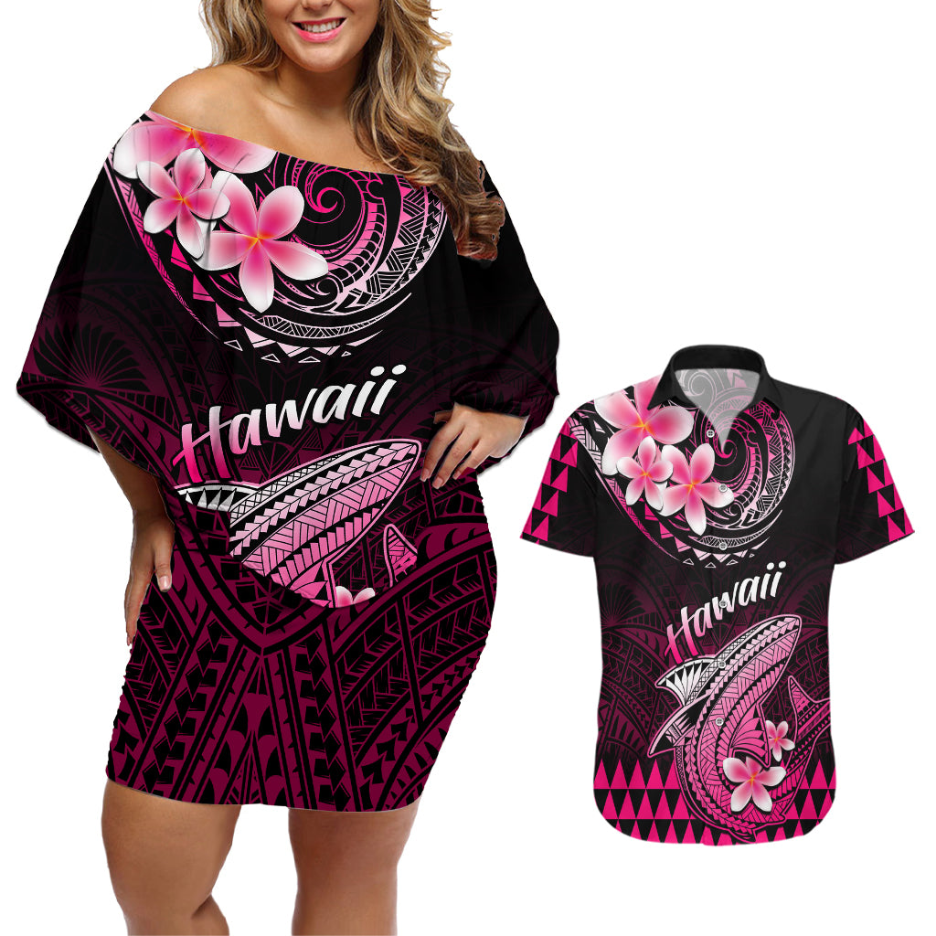 Hawaii Couples Matching Off Shoulder Short Dress and Hawaiian Shirt Polynesian Shark with Kakau Pink Version LT01 Pink - Polynesian Pride