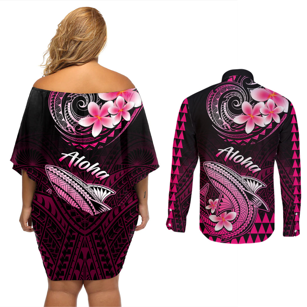 Hawaii Couples Matching Off Shoulder Short Dress and Long Sleeve Button Shirts Polynesian Shark with Kakau Pink Version LT01 - Polynesian Pride