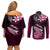 Hawaii Couples Matching Off Shoulder Short Dress and Long Sleeve Button Shirts Polynesian Shark with Kakau Pink Version LT01 - Polynesian Pride