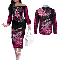 Hawaii Couples Matching Off The Shoulder Long Sleeve Dress and Long Sleeve Button Shirts Polynesian Shark with Kakau Pink Version LT01 Pink - Polynesian Pride