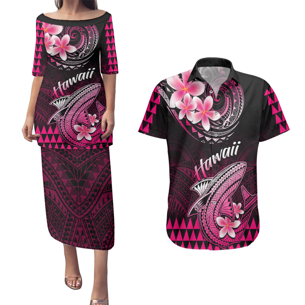 Hawaii Couples Matching Puletasi Dress and Hawaiian Shirt Polynesian Shark with Kakau Pink Version LT01 Pink - Polynesian Pride