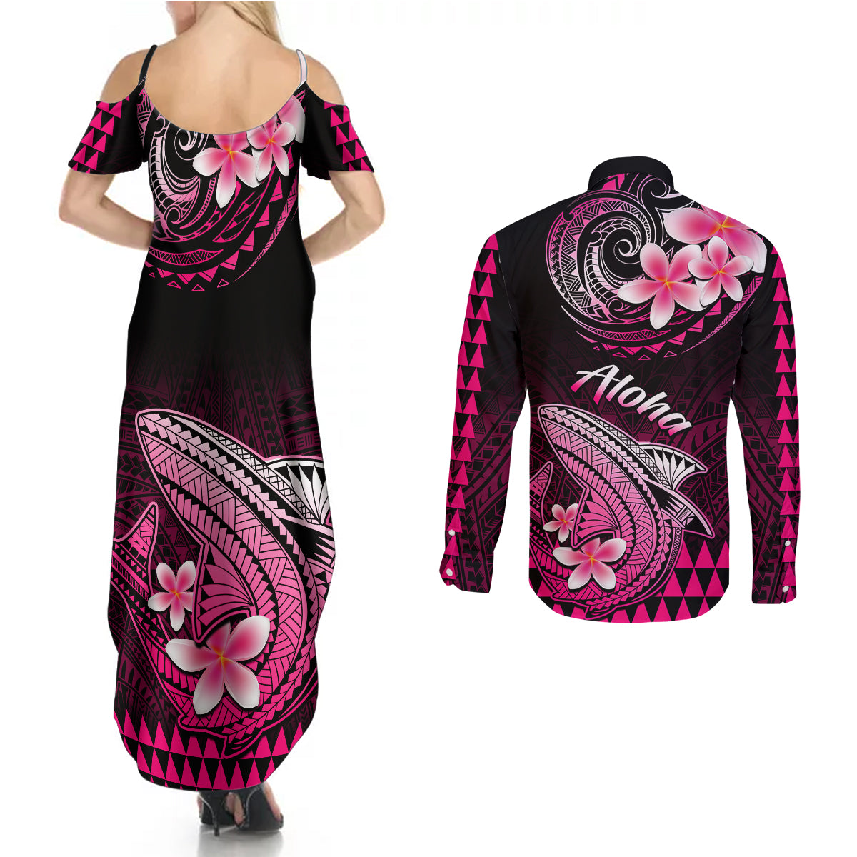 Hawaii Couples Matching Summer Maxi Dress and Long Sleeve Button Shirts Polynesian Shark with Kakau Pink Version LT01 - Polynesian Pride