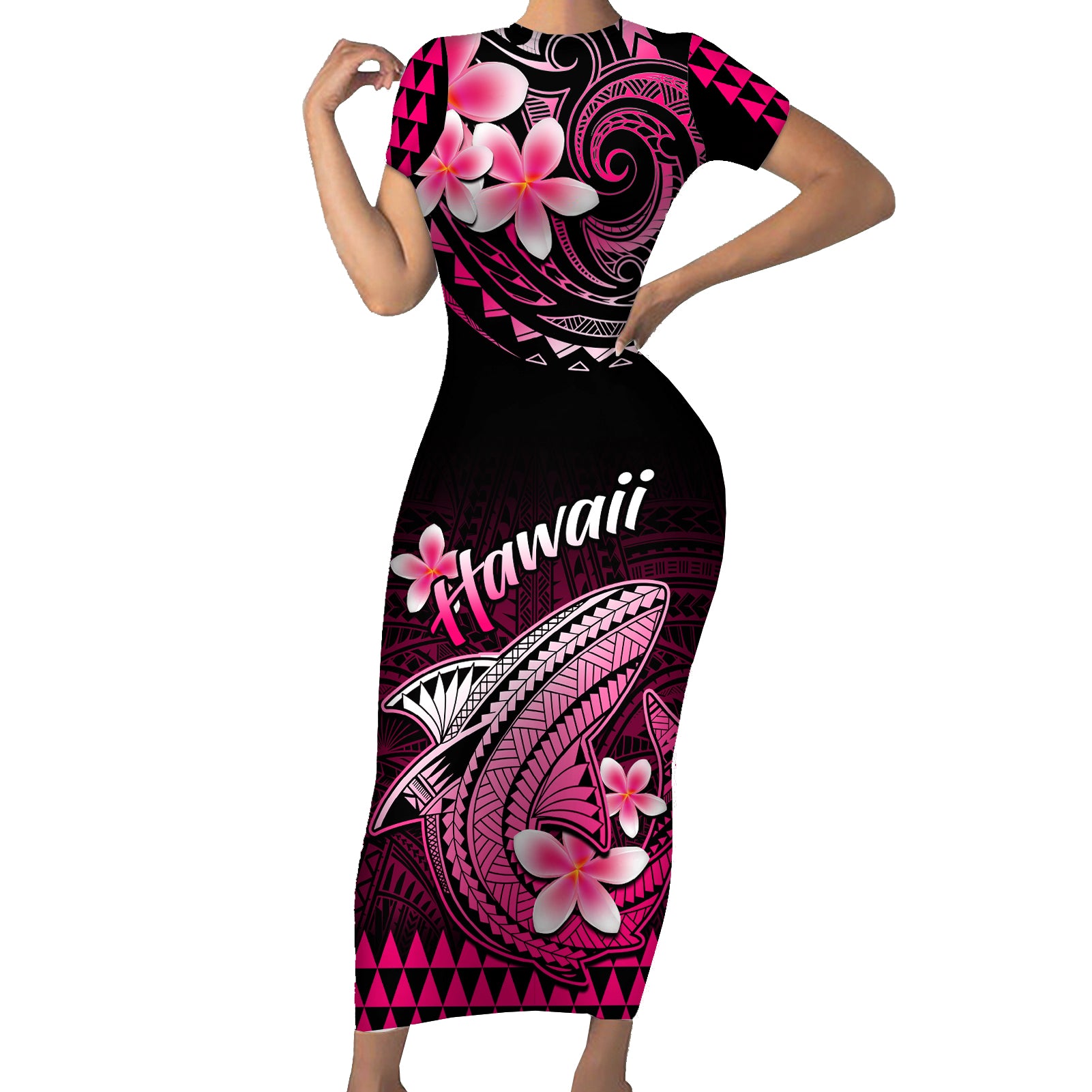 Hawaii Short Sleeve Bodycon Dress Polynesian Shark with Kakau Pink Ver Hawaii Short Sleeve Bodycon Dress Polynesian Shark with Kakau Pink Ver