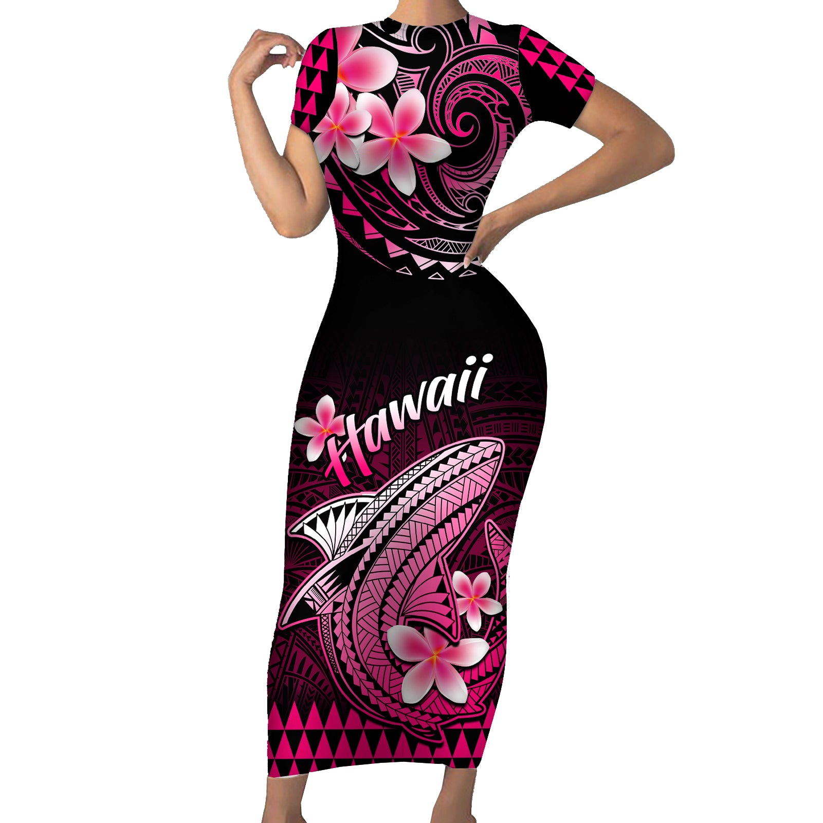 Hawaii Short Sleeve Bodycon Dress Polynesian Shark with Kakau Pink Version LT01 Long Dress Pink - Polynesian Pride