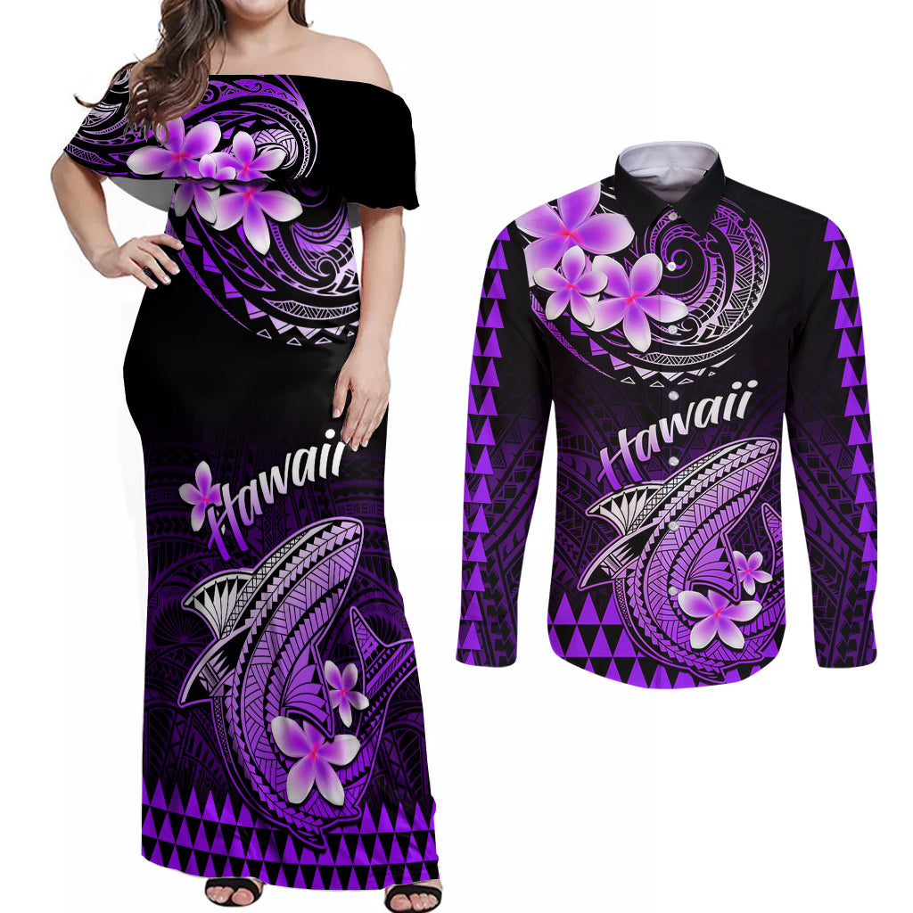 Hawaii Couples Matching Off Shoulder Maxi Dress and Long Sleeve Button Shirts Polynesian Shark with Kakau Purple Version LT01 Purple - Polynesian Pride